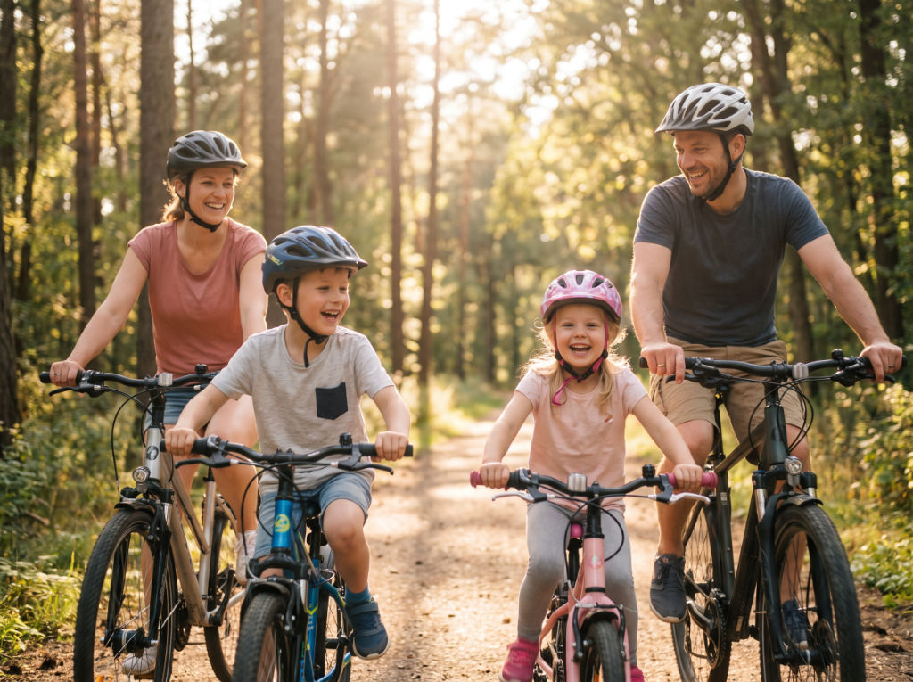 Familie mit zwei Kindern beim Fahrradfahren im Wald – abgesichert mit der privaten Unfallversicherung